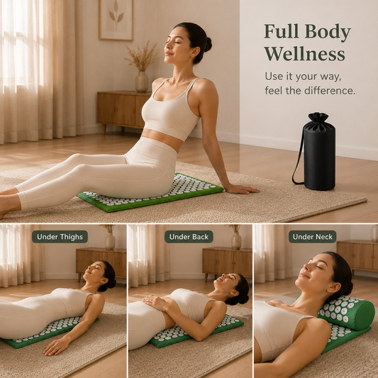 Person relaxing on an acupressure mat during a home wellness routine
