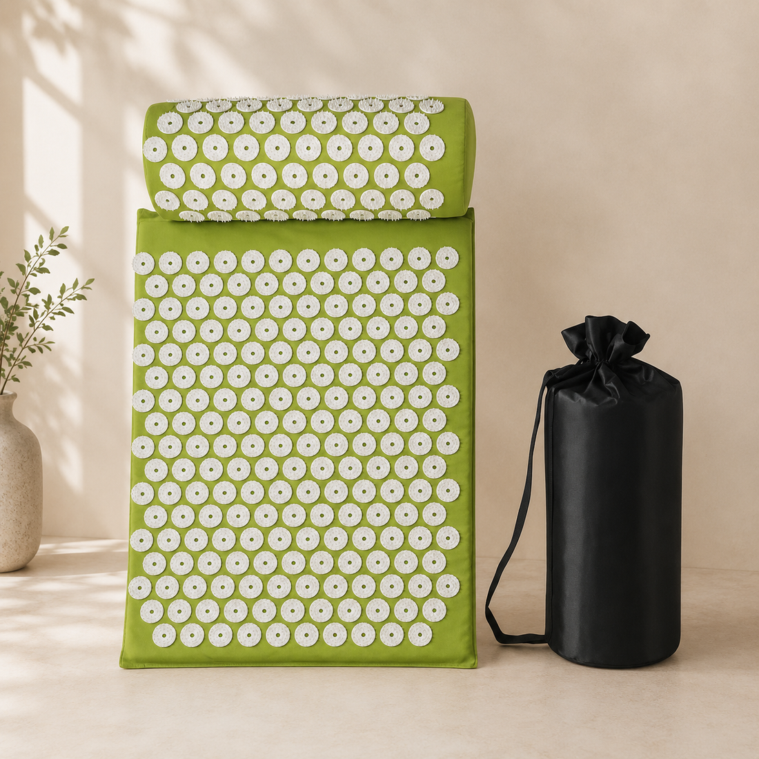Beige acupressure mat and pillow set for back tension and relaxation